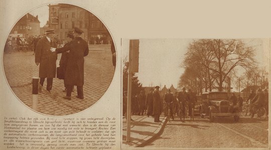 874269 Collage van 2 foto's betreffende (geënsceneerde) veilige en onveilige verkeerssituaties in de stad Utrecht, met ...